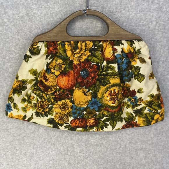 🤎 Vintage Brown Fabric Clutch Bag Wooden Handles Medium Fall 🤎 - Picture 2 of 7